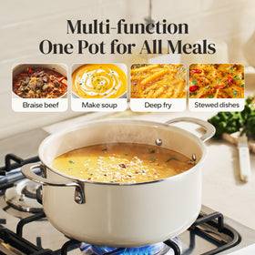 Redchef oven-safe stock pot withstands high heat up to 842°F for finishing dishes.