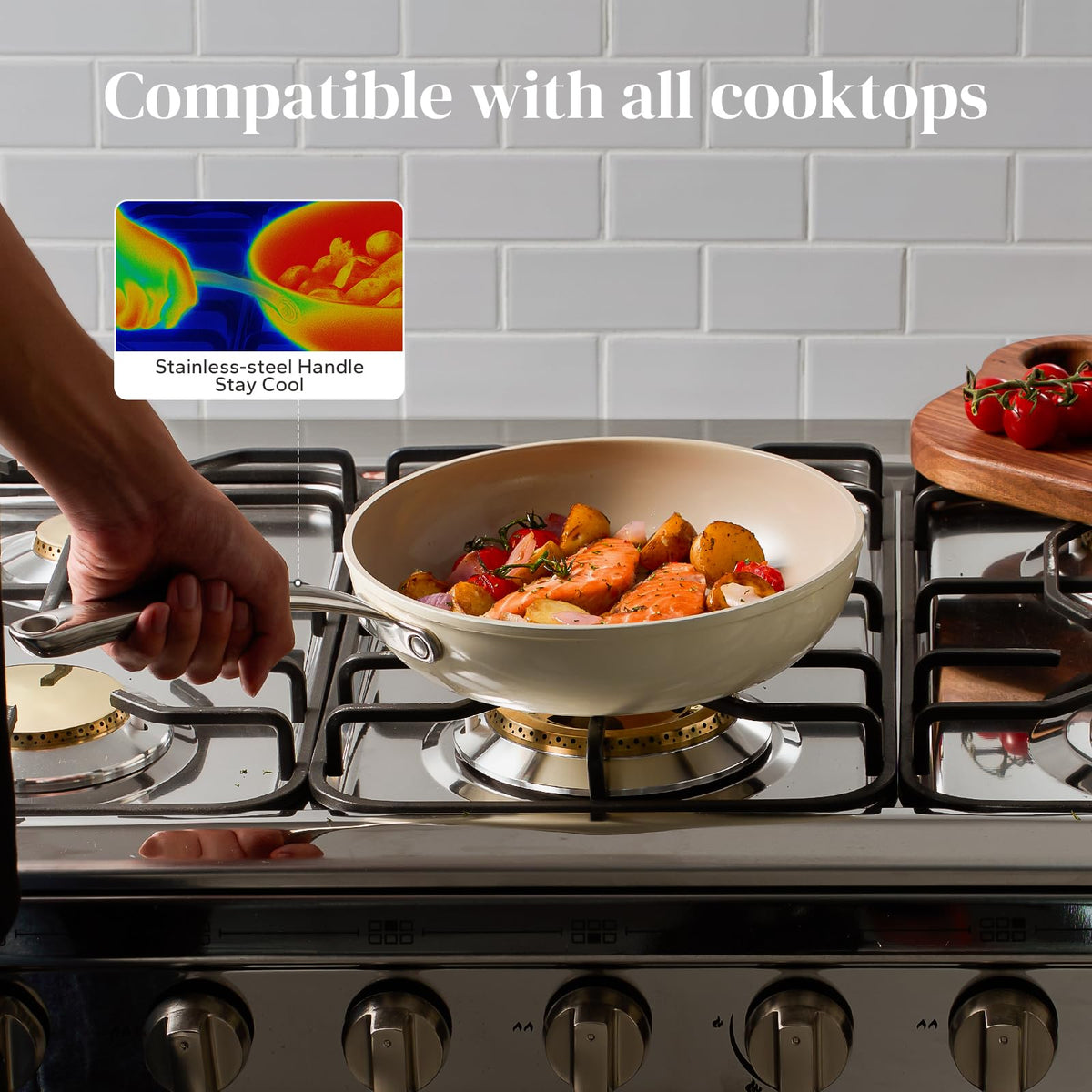 Redchef pan handle closeup showing ergonomic, comfortable grip during cooking