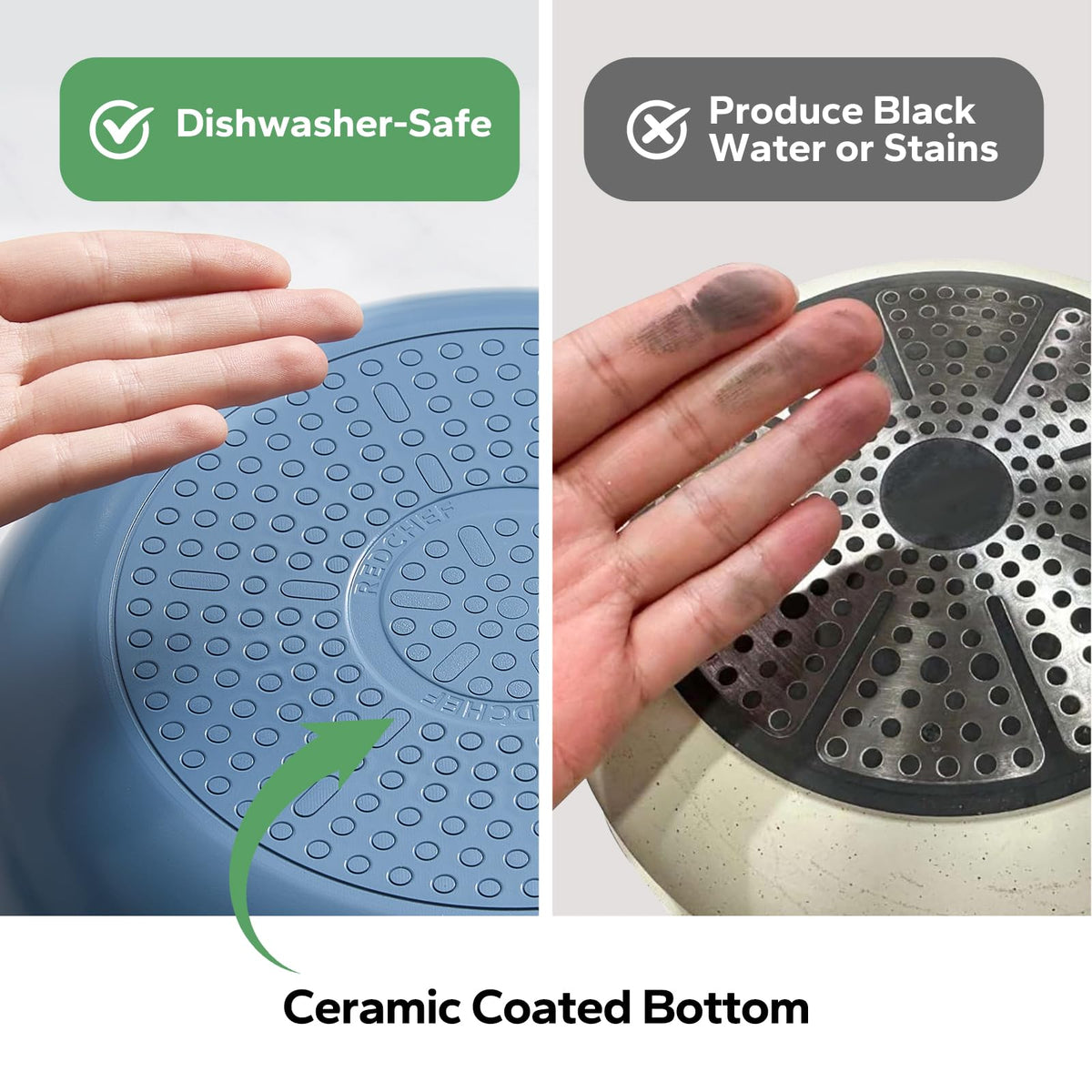 Redchef pan base demonstrates rapid and even heat distribution for uniform cooking.