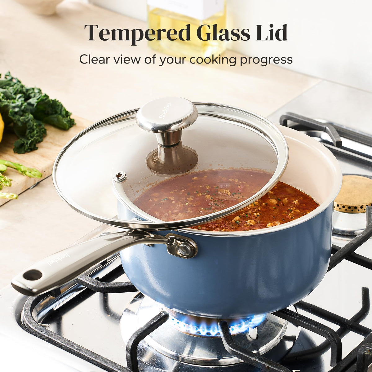 Redchef sauce pan 2.5qt with lid for precise simmering of sauces.