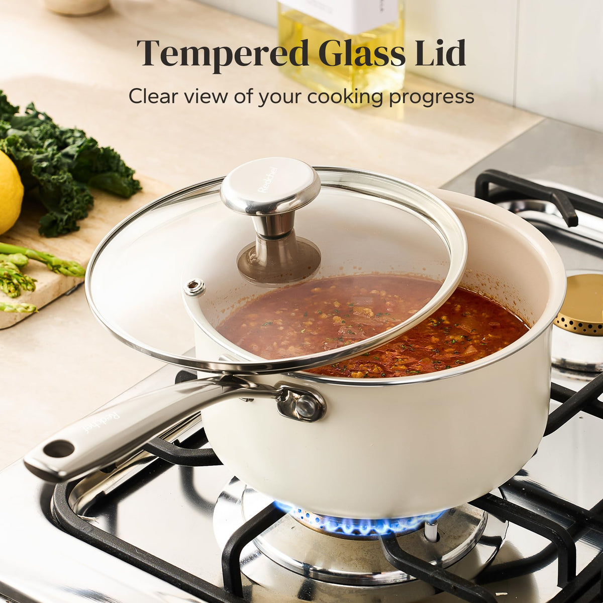 Redchef 3.5qt saucepan supports sautéing and simmering larger portions.