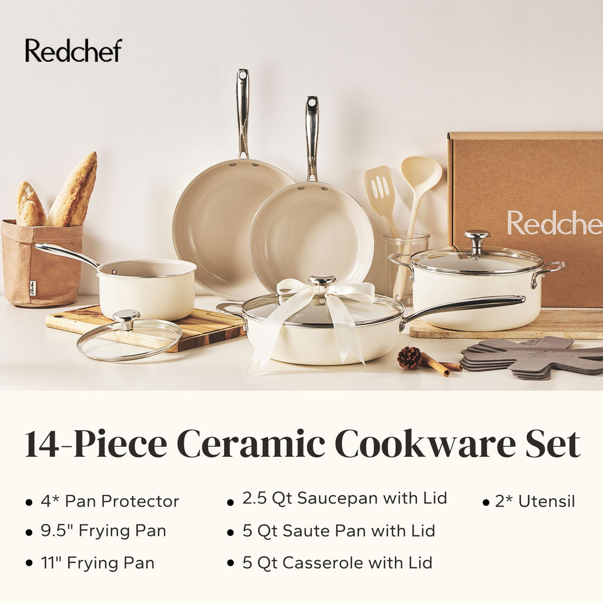 Redchef silicone utensils and pot protectors accompany the set for safe handling.