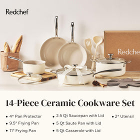 Redchef silicone utensils and pot protectors accompany the set for safe handling.