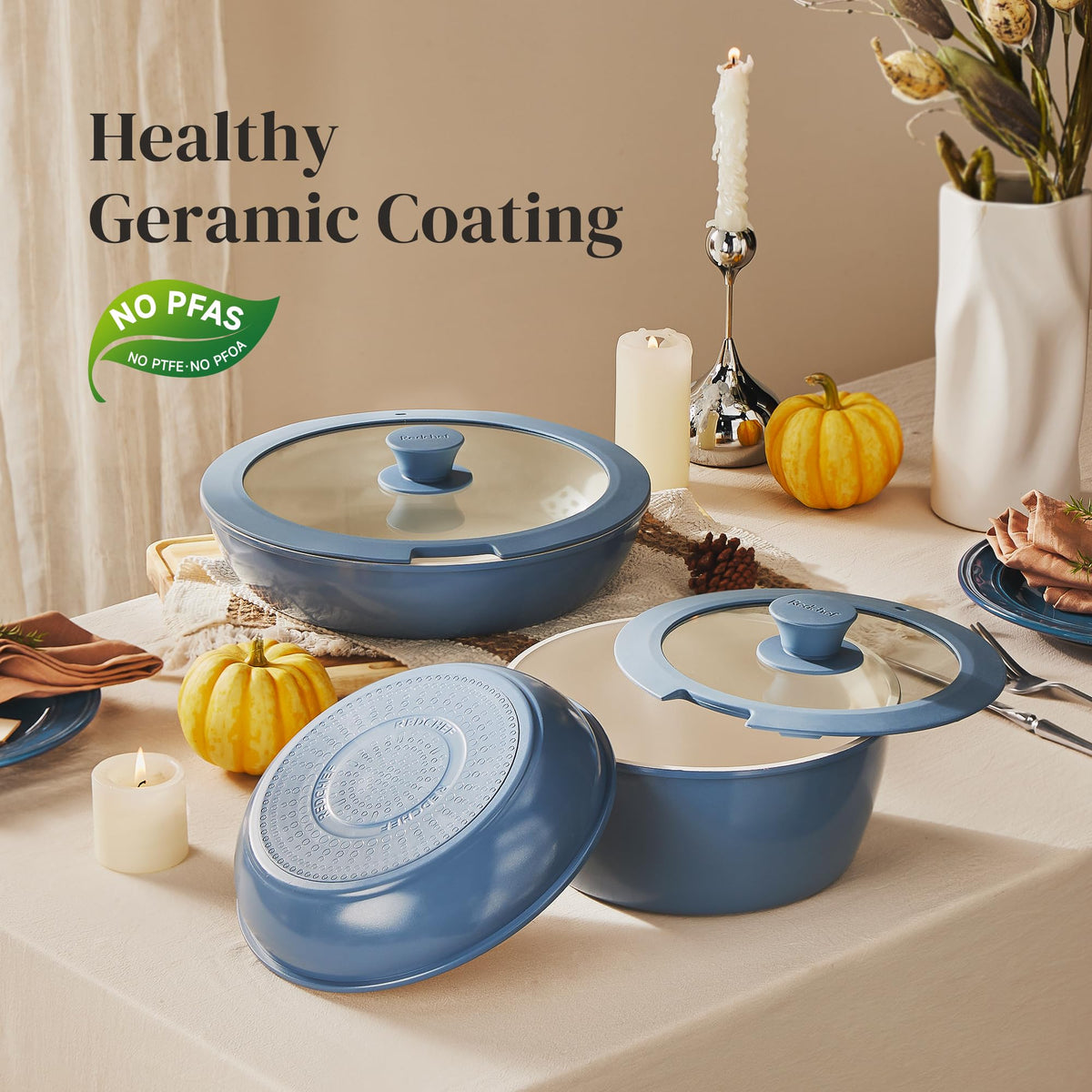 Redchef stackable cookware neatly nests to save cabinet space.
