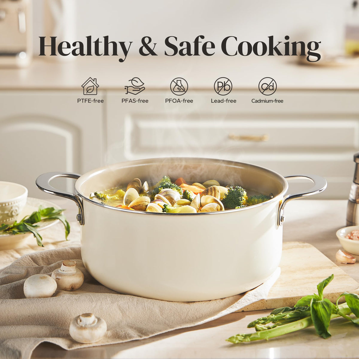 Redchef stock pot with even heating base for uniform cooking on all stoves.