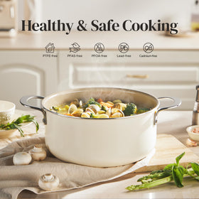 Redchef stock pot with even heating base for uniform cooking on all stoves.