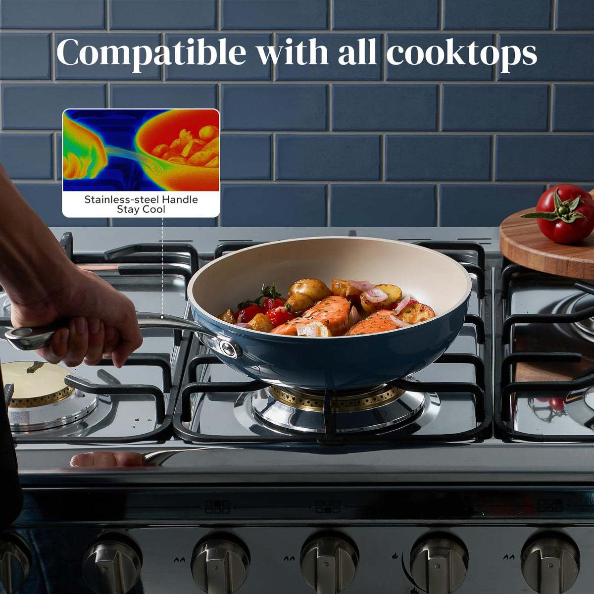 Redchef induction-ready pans on stove demonstrating versatile cooktop use.