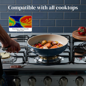 Redchef induction-ready pans on stove demonstrating versatile cooktop use.