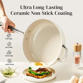 Redchef pan is stovetop and oven safe for versatile cooking.