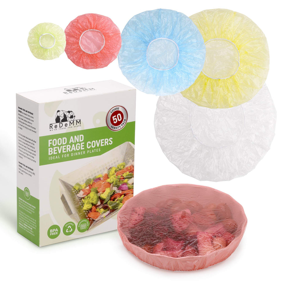 ReDeMM 50 reusable elastic covers in mixed sizes and colors for versatile leftovers.