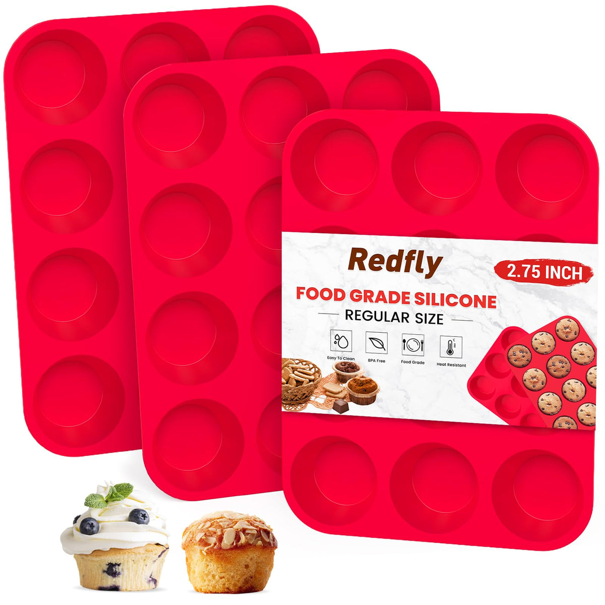 Redfly 3-pack silicone muffin pans with 12 cups for even baking.