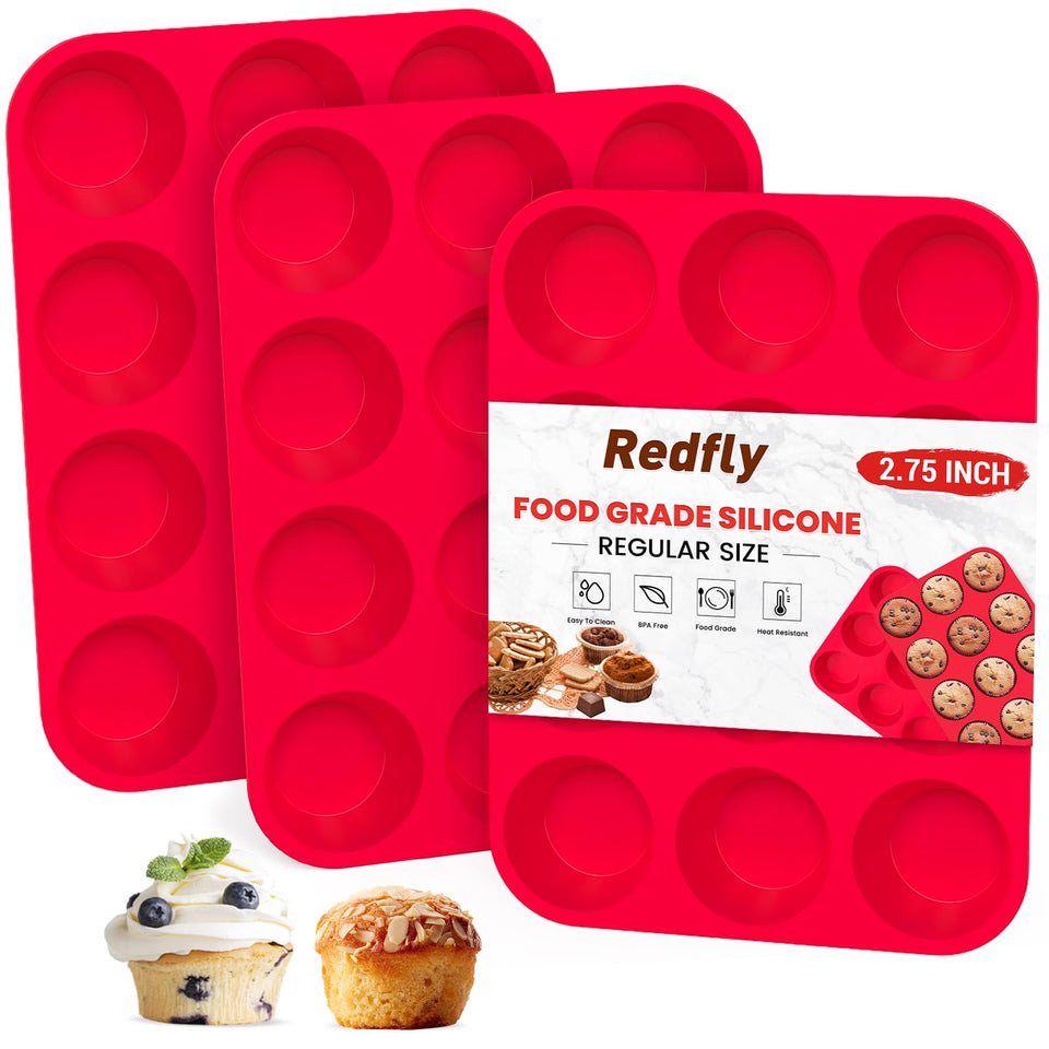 Redfly 3-pack silicone muffin pans with 12 cups for even baking.