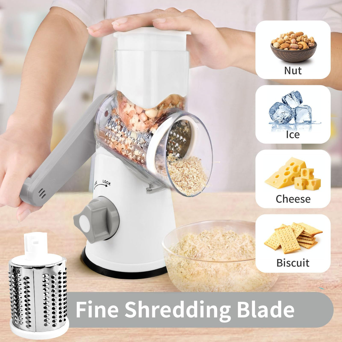 REDPANT rotary cheese grater uses 430 stainless steel for durable performance.