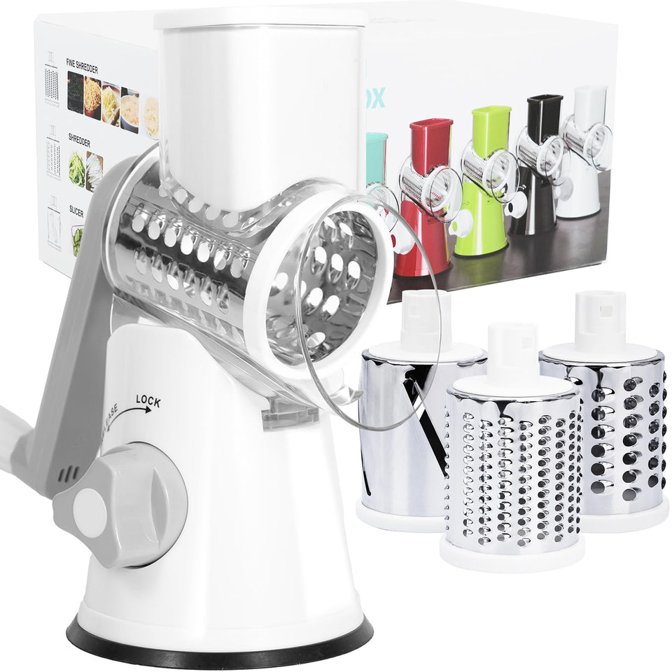 REDPANT rotary cheese grater assembled shows a compact, space-saving kitchen essential.