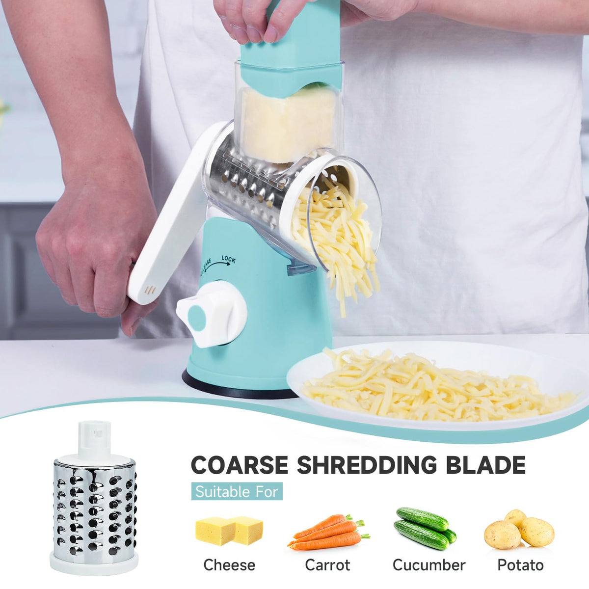 REDPANT Rotary Cheese Grater with interchangeable blades for versatile shredding, slicing, and grating.