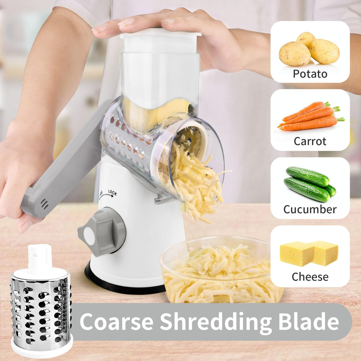 REDPANT rotary cheese grater interchangeable blades enable versatile shredding.