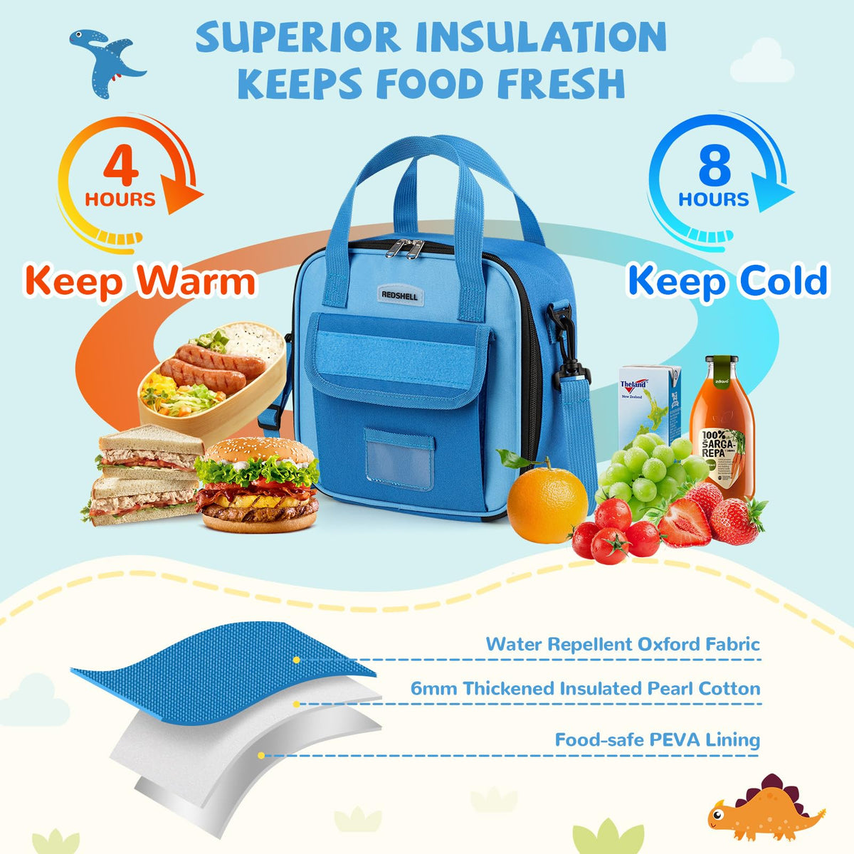 REDSHELL insulation with 6mm lining preserves cold meals and snacks