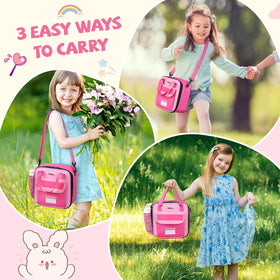 REDSHELL Kids lunch box wearing the adjustable shoulder strap for versatile carry.