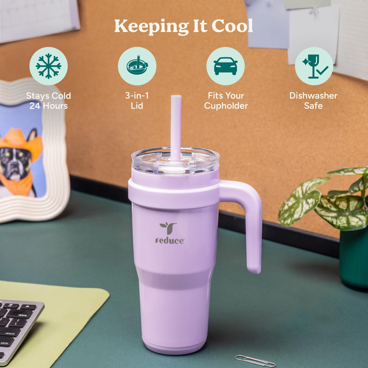 REDUCE lid with Sip-It-Your-Way and reusable straw for versatile sipping