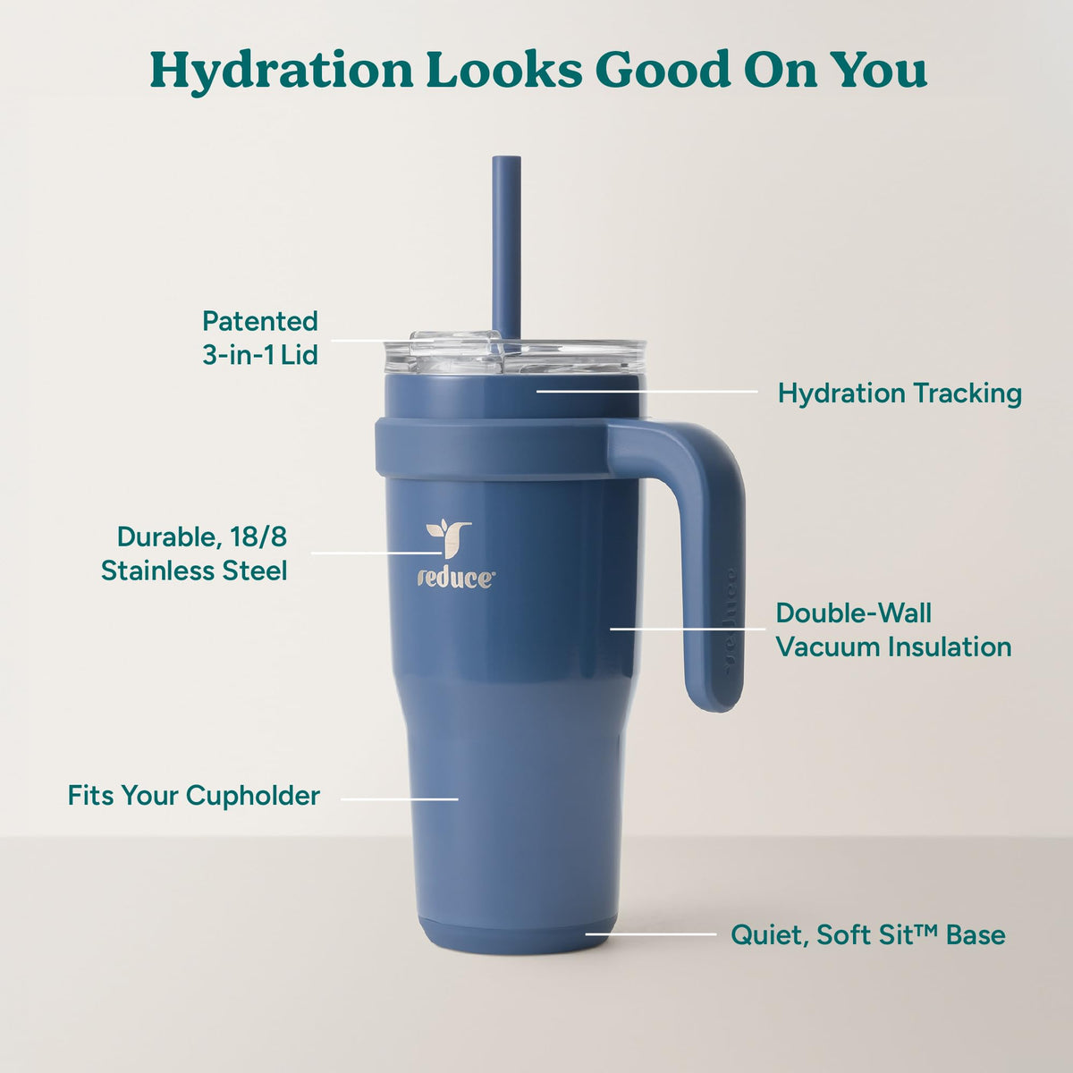 Textured stainless-steel finish on REDUCE tumbler for durable daily use