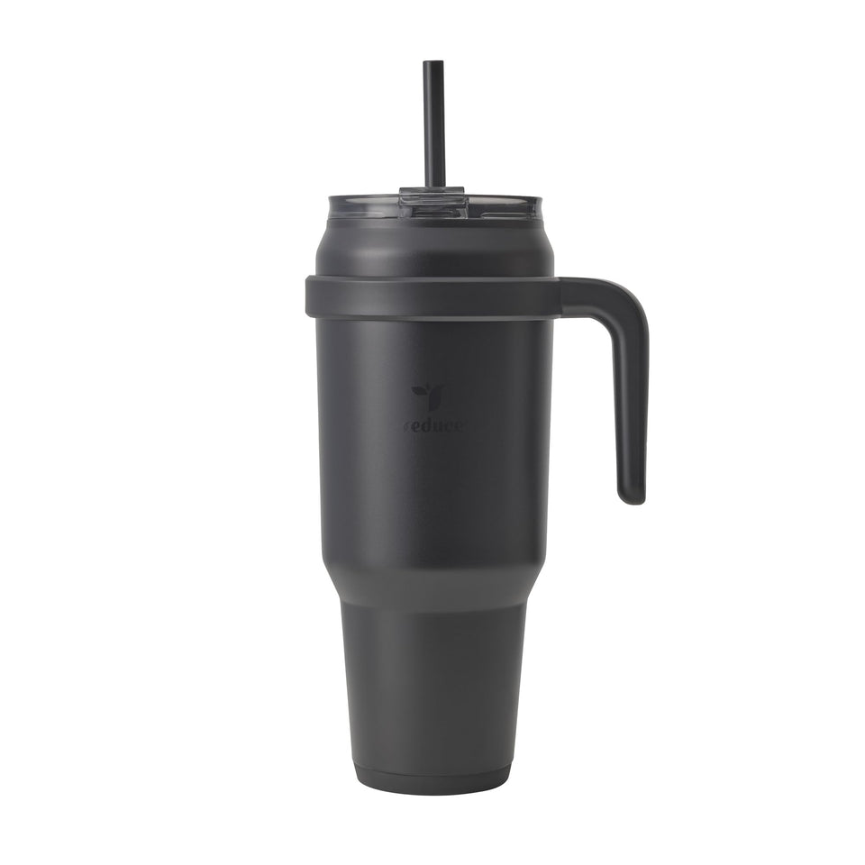 REDUCE 50 oz tumbler with handle and sip-it-your-way lid keeps drinks cold on commutes.