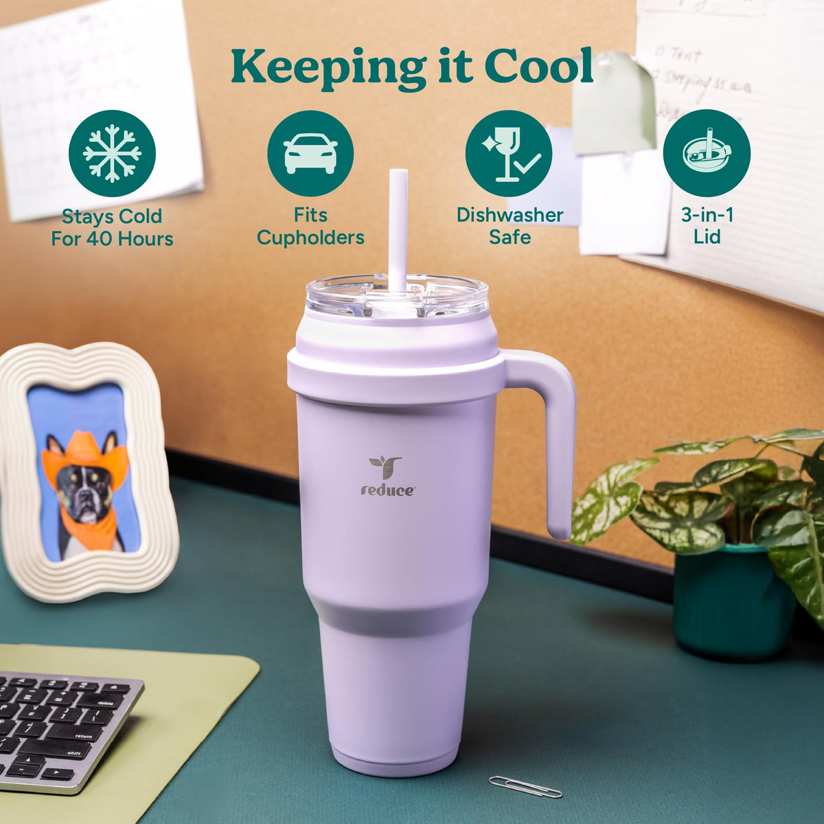 REDUCE 50 oz tumbler with reusable straw ideal for busy days on the go.