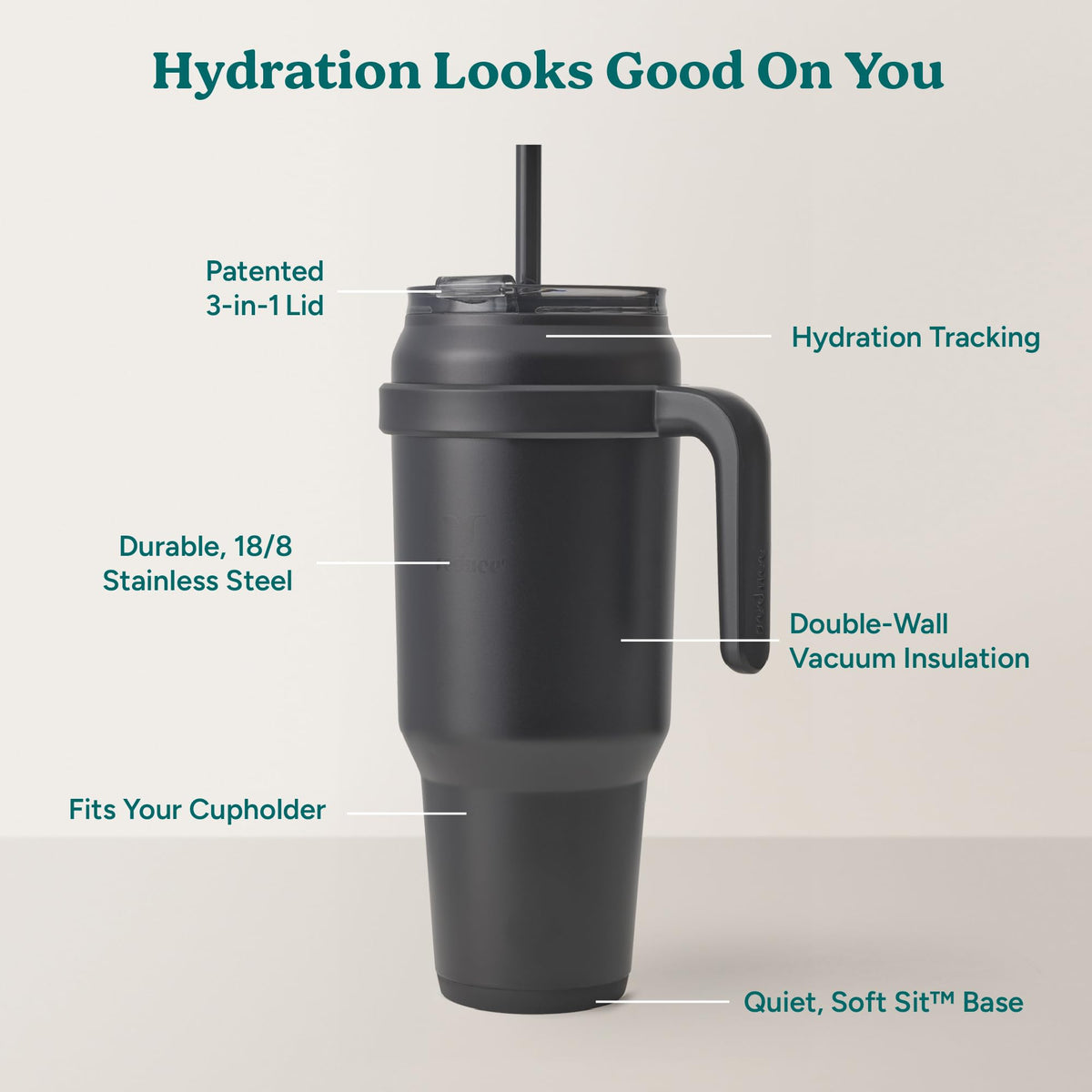 REDUCE stainless steel tumbler interior shows oz markings for tracking intake.