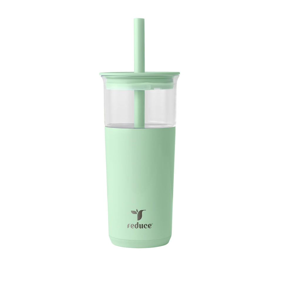 REDUCE Aspen 20 oz glass tumbler with lid and wide straw for cold beverages.