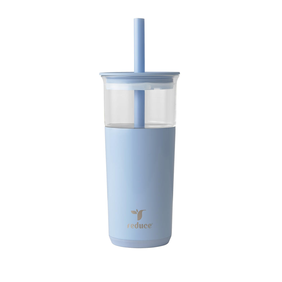 Reduce Aspen 20oz glass tumbler with lid keeps beverages cold for hours.