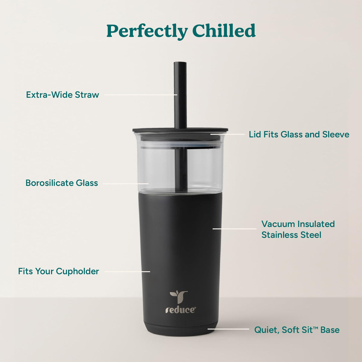 REDUCE Aspen tumbler with vacuum sleeve preserves cold drinks during travel.