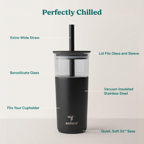 REDUCE Aspen tumbler with vacuum sleeve preserves cold drinks during travel.