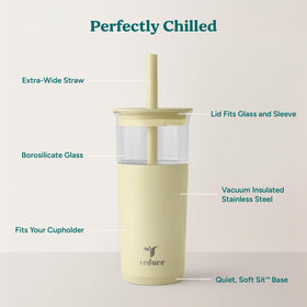 REDUCE Aspen glass tumbler shows Soft Sit Base protecting surfaces.