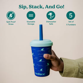 REDUCE GoGo stackable 12oz tumblers save cabinet space for busy families.