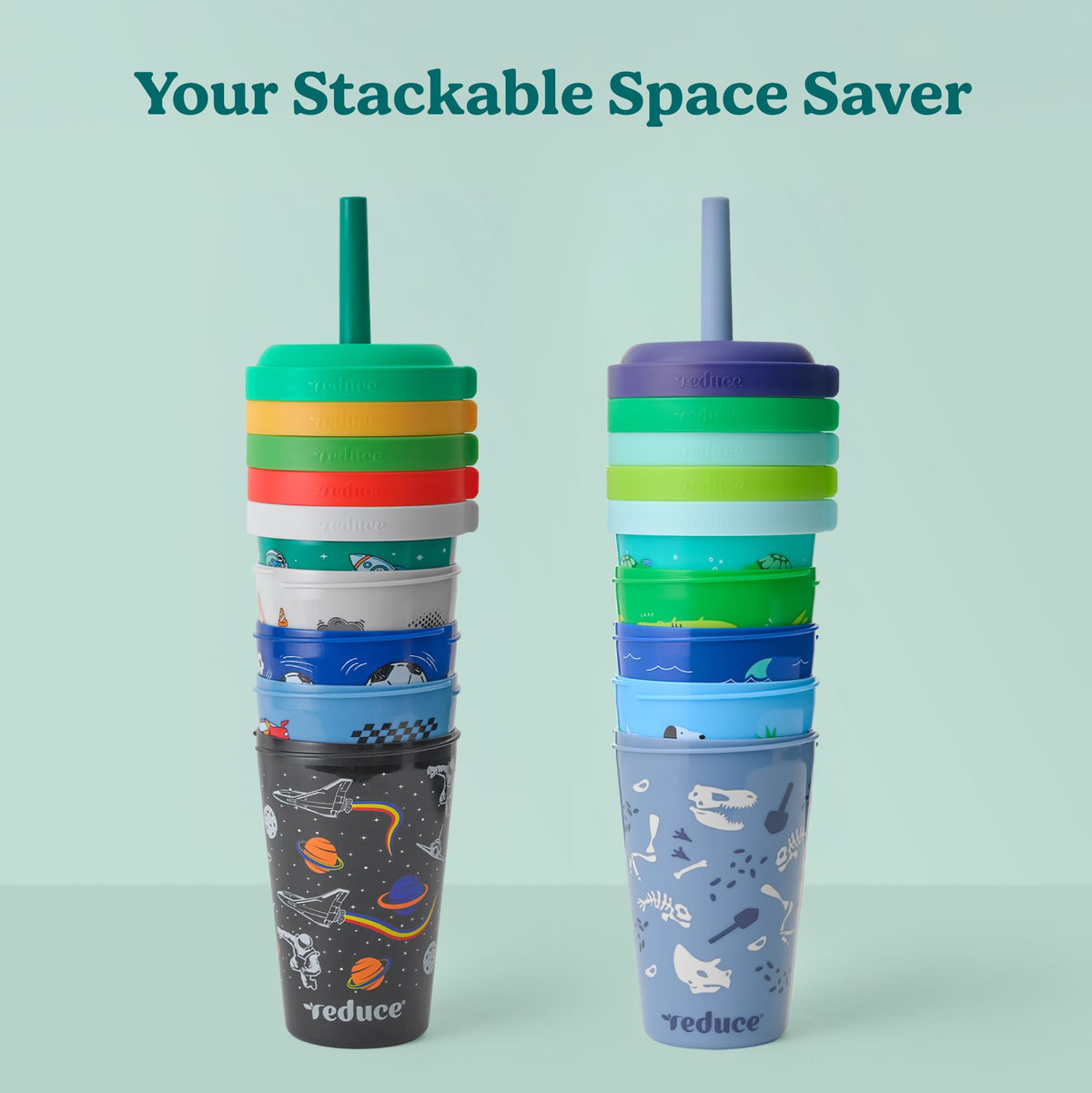 REDUCE GoGo's space-saving stackable cups simplify kitchen storage for busy families.