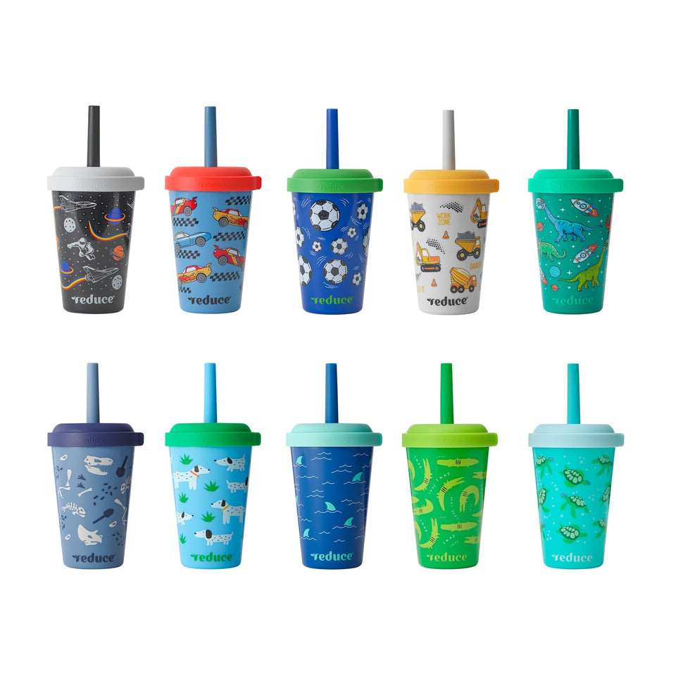 REDUCE GoGo's kids tumbler with stackable 12oz design, lid, and spill-proof straw for mess-free sipping.