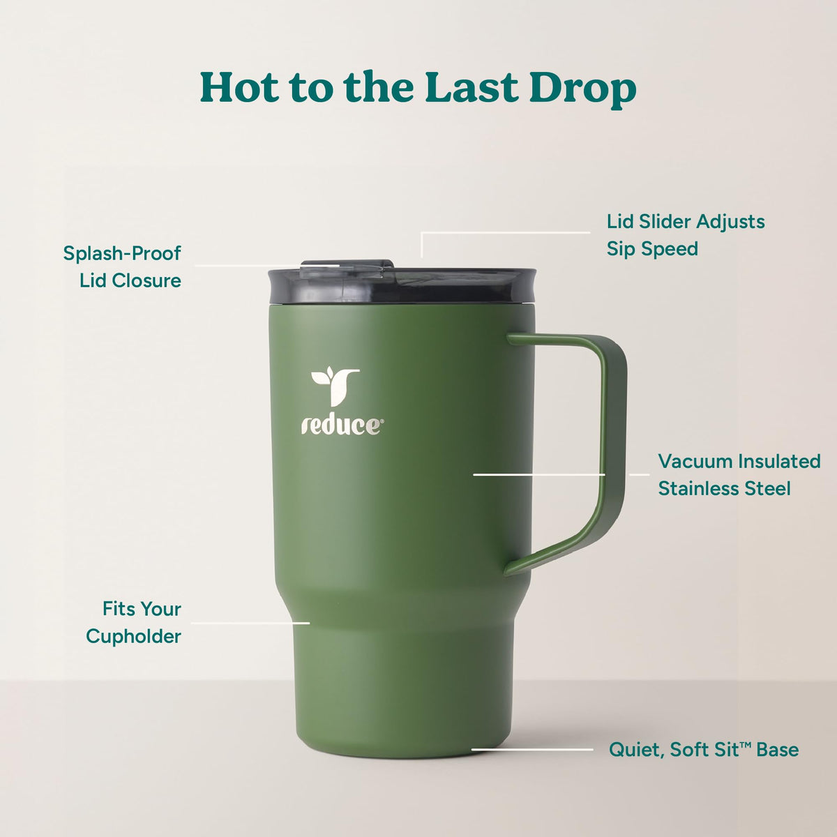 REDUCE Hot1 cupholder-friendly travel mug fits car cupholders for easy transport.