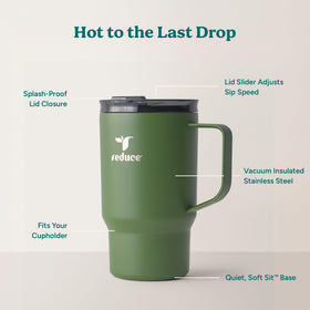REDUCE Hot1 cupholder-friendly travel mug fits car cupholders for easy transport.
