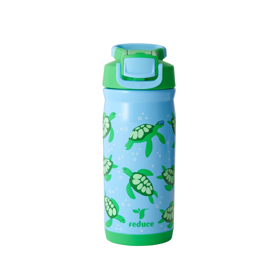 REDUCE Hydrate Pro Kids 14oz bottle front view shows scuba turtles design for durable hydration.