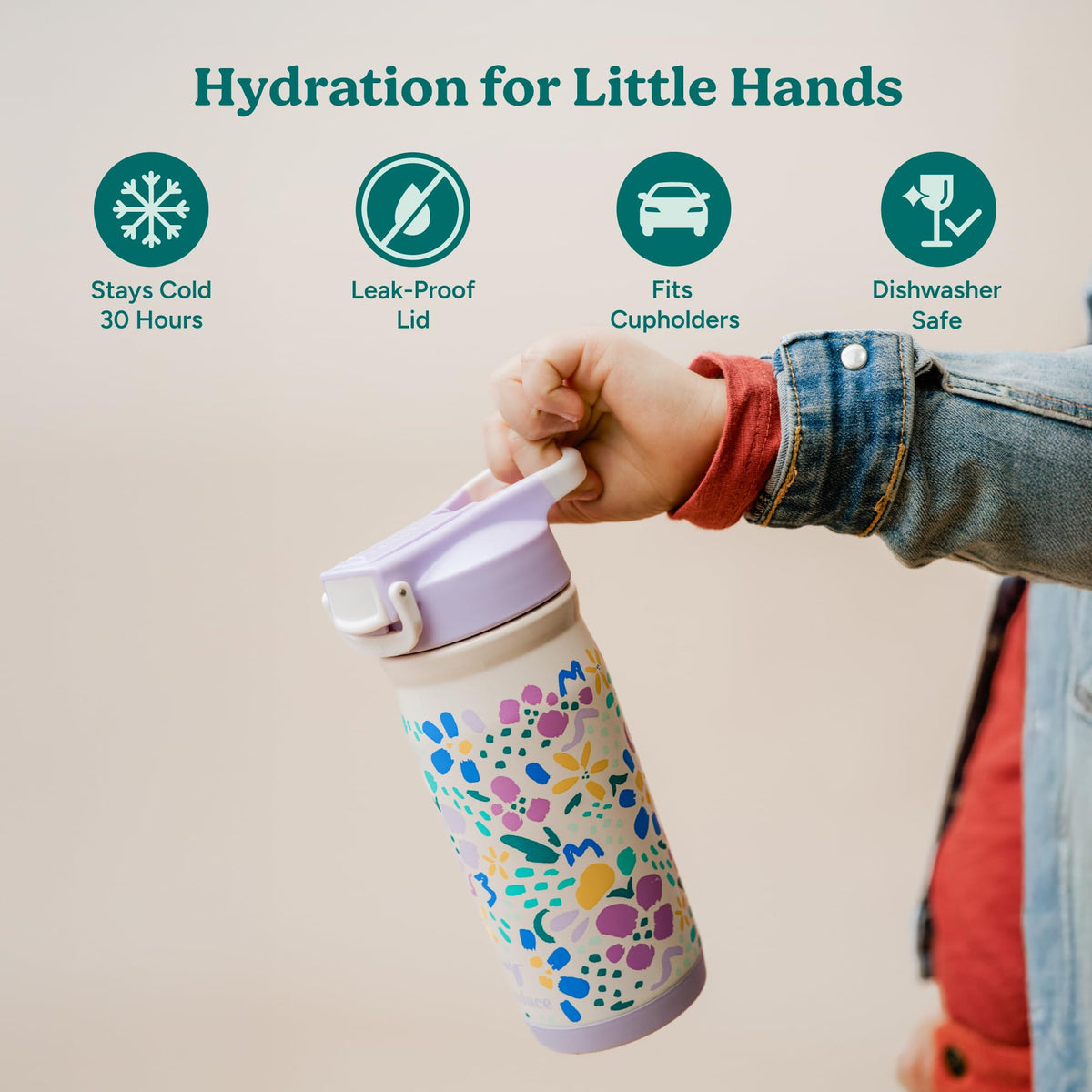REDUCE Hydrate Pro Kids bottle close-up shows leak-proof cap for mess-free backpacks.