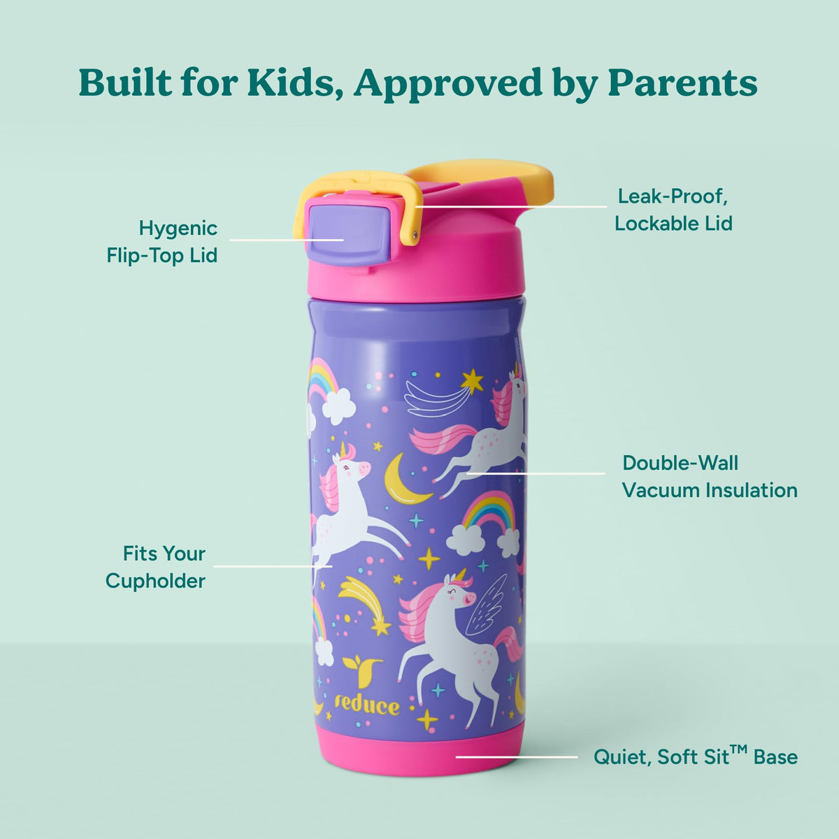 REDUCE Hydrate Pro kids bottle locking cap and straw for confident use.