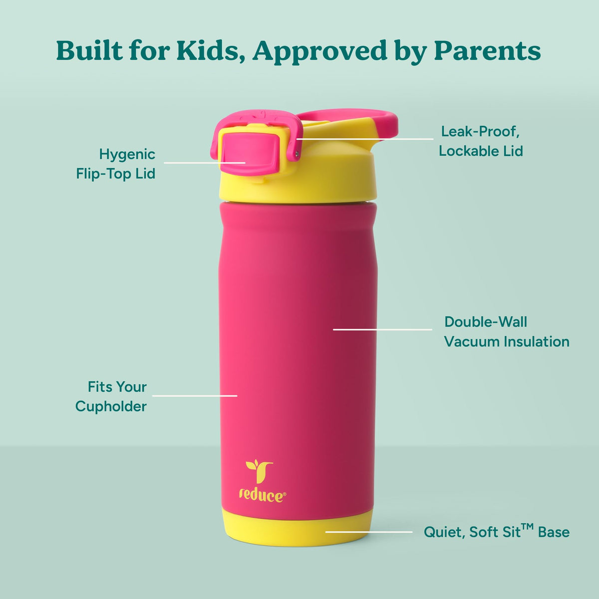 REDUCE Hydrate Pro Kids bottle straw-lock close-up highlights spill-proof silicone straw.