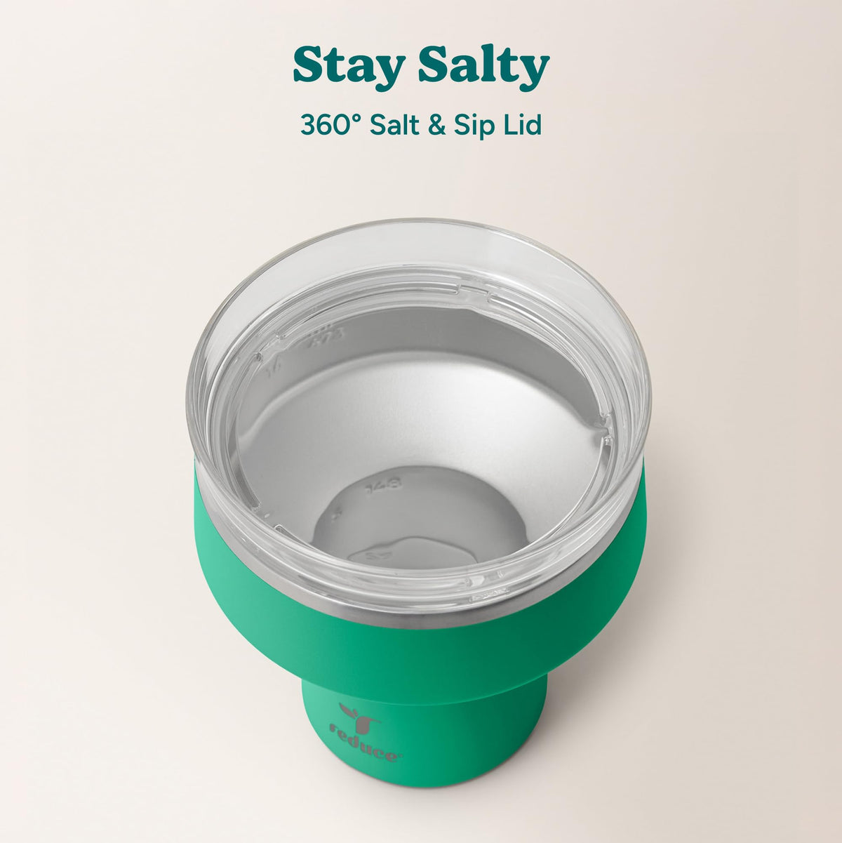 REDUCE Saltini 16oz tumbler stainless steel close-up highlighting durable glass-free design