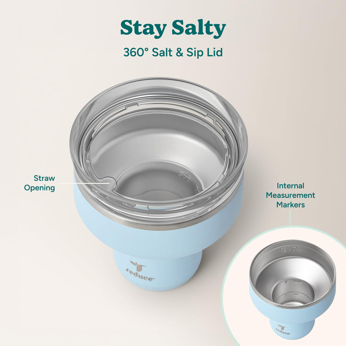 REDUCE Saltini tumbler with wide grip for comfortable handling