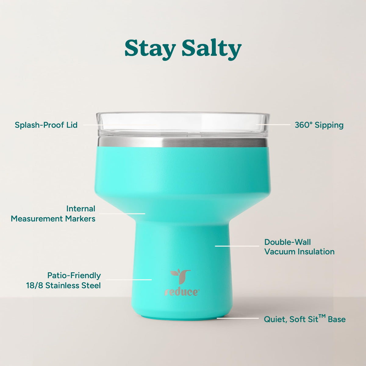 REDUCE Saltini 360-degree lid allows sipping from any angle with spill prevention