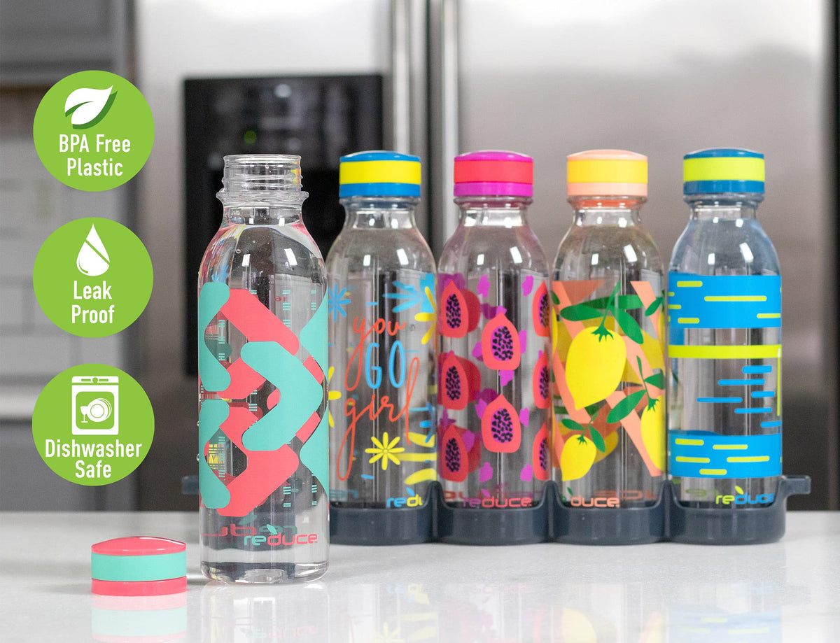 REDUCE WaterWeek bottle clear wall emphasizes visibility of remaining water for planning hydration