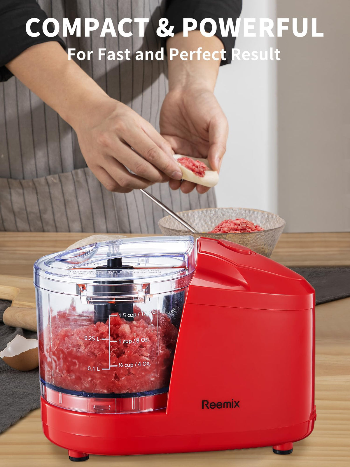 Reemix compact 1.5-Cup Chopper stored neatly on the counter