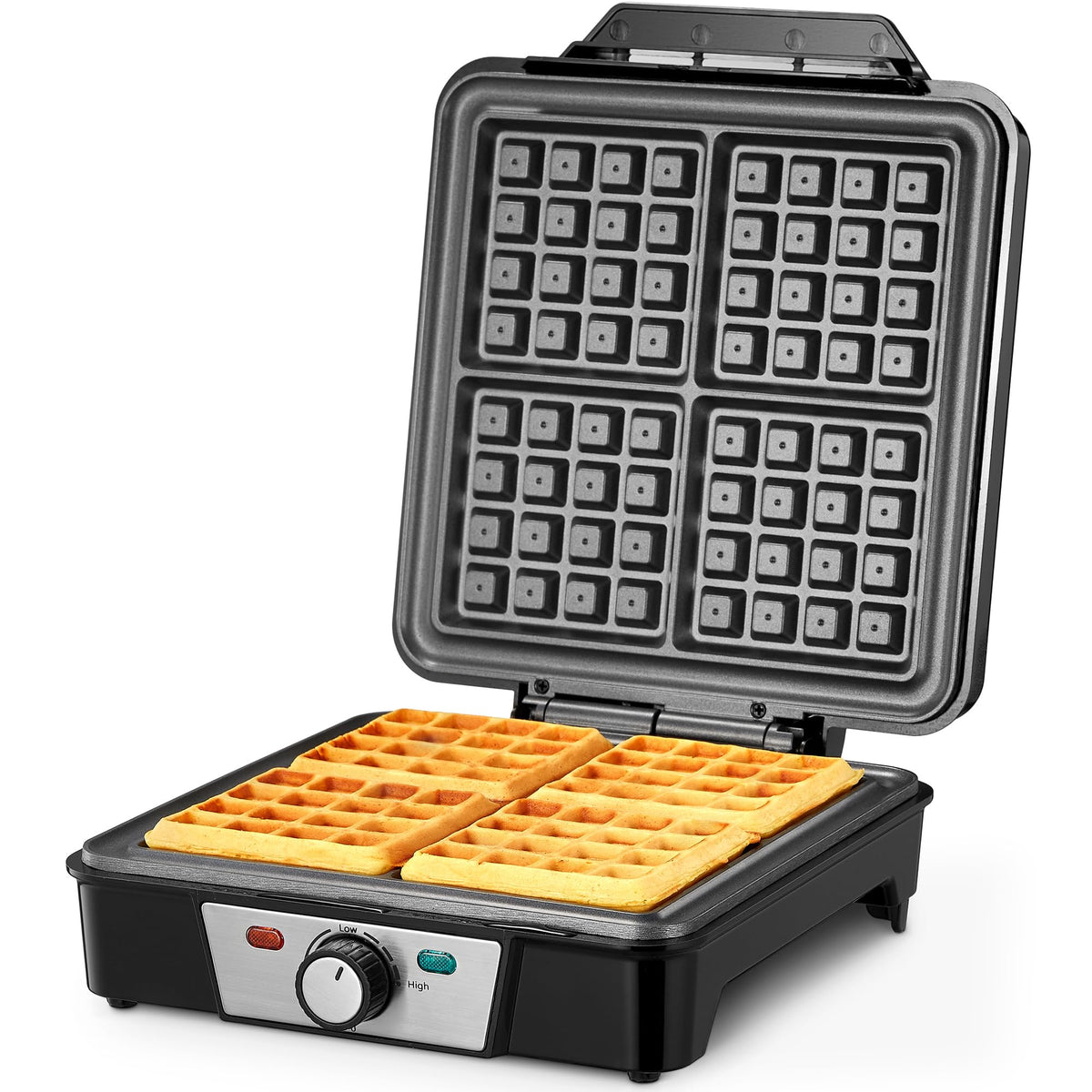Reemix Belgian Waffle Maker front view; four waffles for family breakfasts