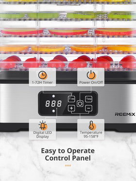 Reemix compact dehydrator LCD display highlights precise temperature and time control