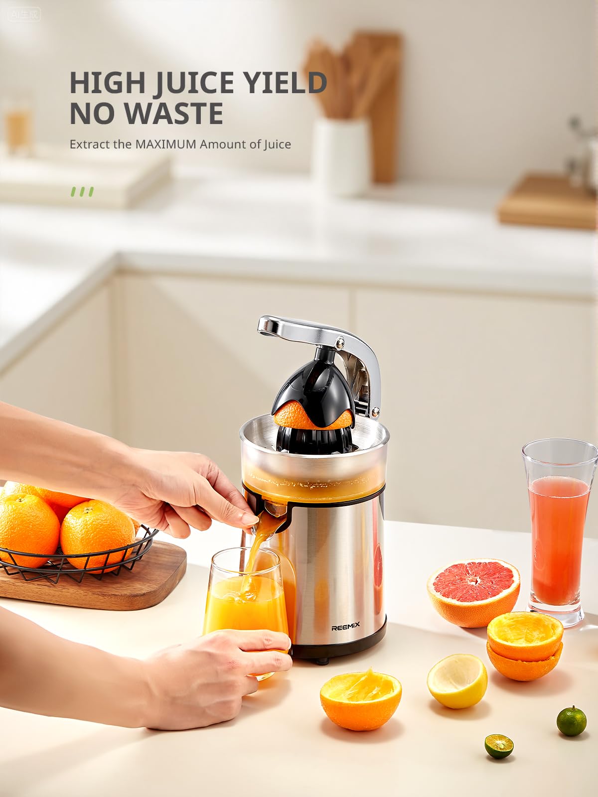 Reemix juicer brushed stainless steel body highlights durability and easy cleaning.