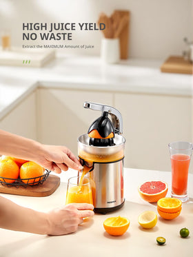 Reemix juicer brushed stainless steel body highlights durability and easy cleaning.